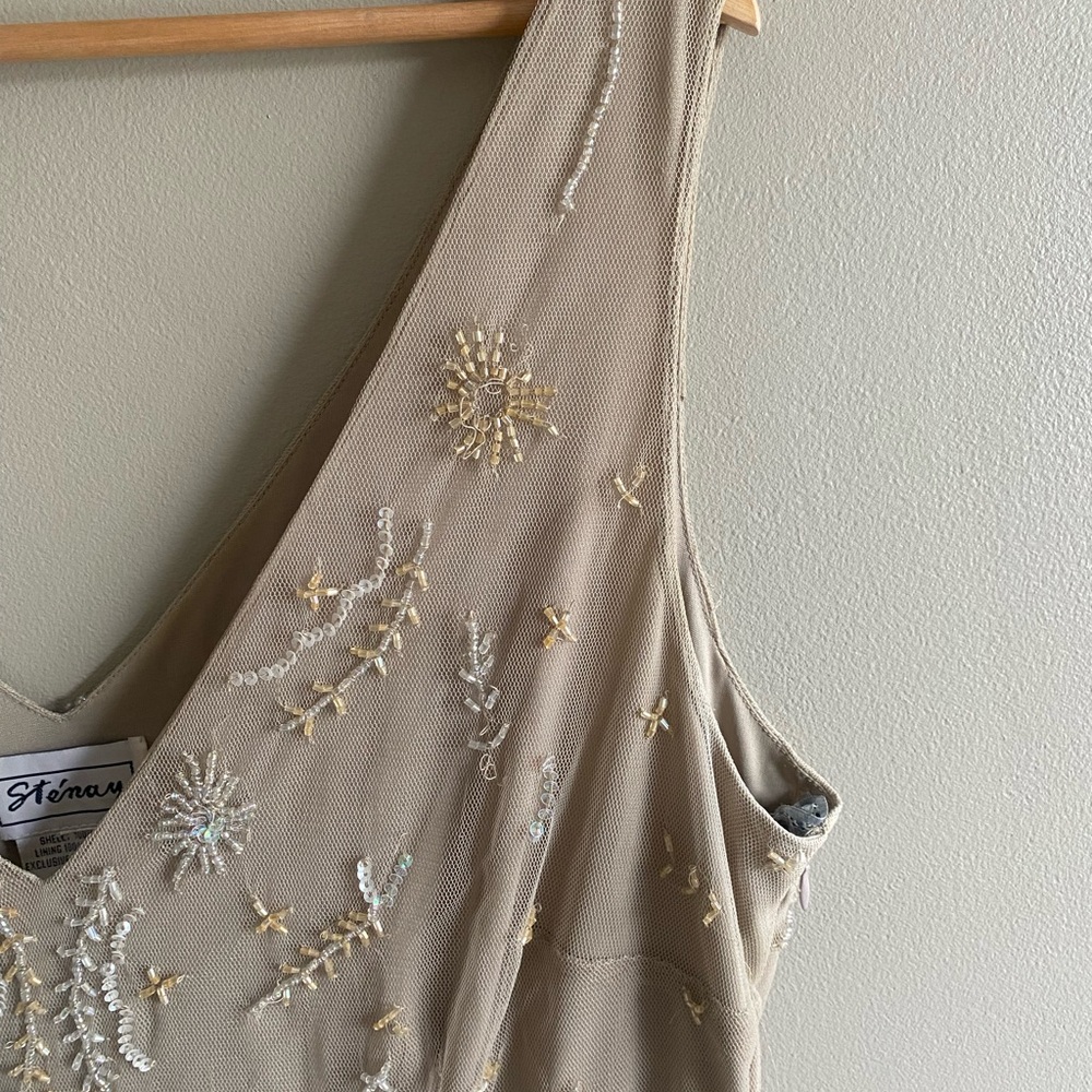 Vtg 90s‎ STENAY Slip Dress L Mesh Taupe Beaded Fairycorre Midi Evening Gown - Picture 3 of 11